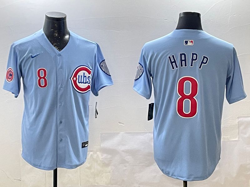 Men Chicago Cubs #8 Happ Light Blue Throwback 2025 Nike MLB Jersey style 1